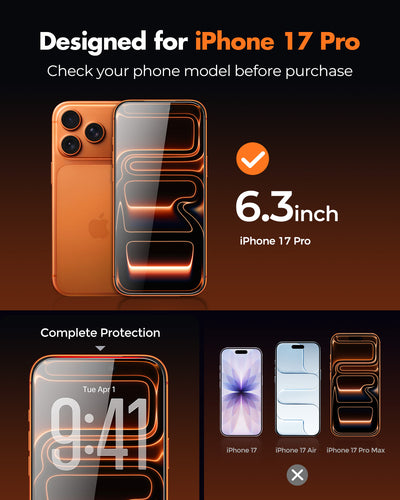Screen Protector for iPhone 17 Pro, Double Shatterproof Tempered Glass