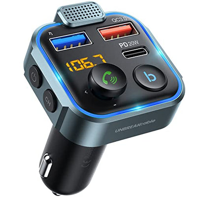 UNBREAKcable Bluetooth FM Transmitter for Car, PD 36W Fast Charging, Hands-Free Calls, HiFi Bass Boost, USB Drive