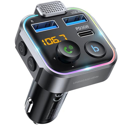 UNBREAKcable Bluetooth FM Transmitter for Car, PD 36W Fast Charging, Hands-Free Calls, HiFi Bass Boost, USB Drive