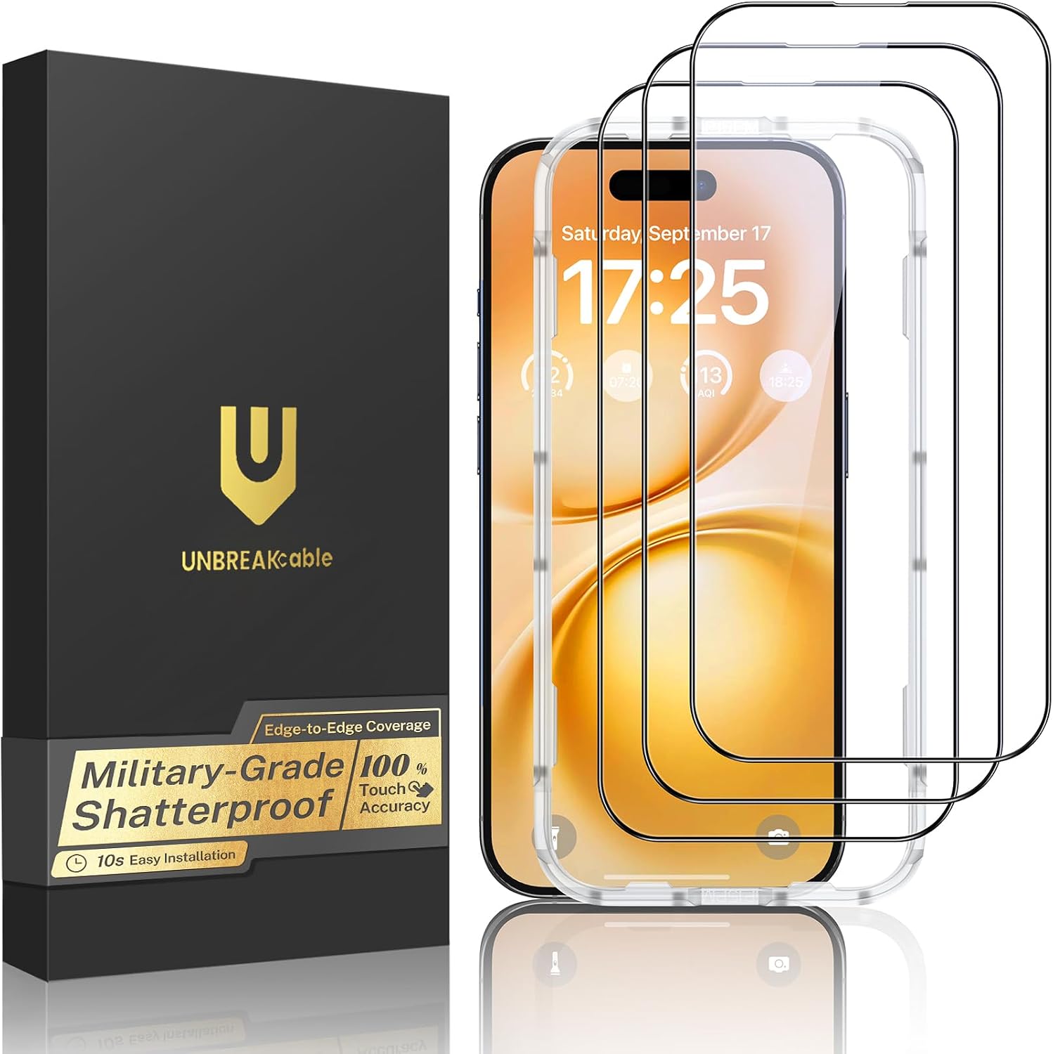 UNBREAKcable 3-Pack Screen Protector for iPhone 15 Pro Tempered Glass 9H