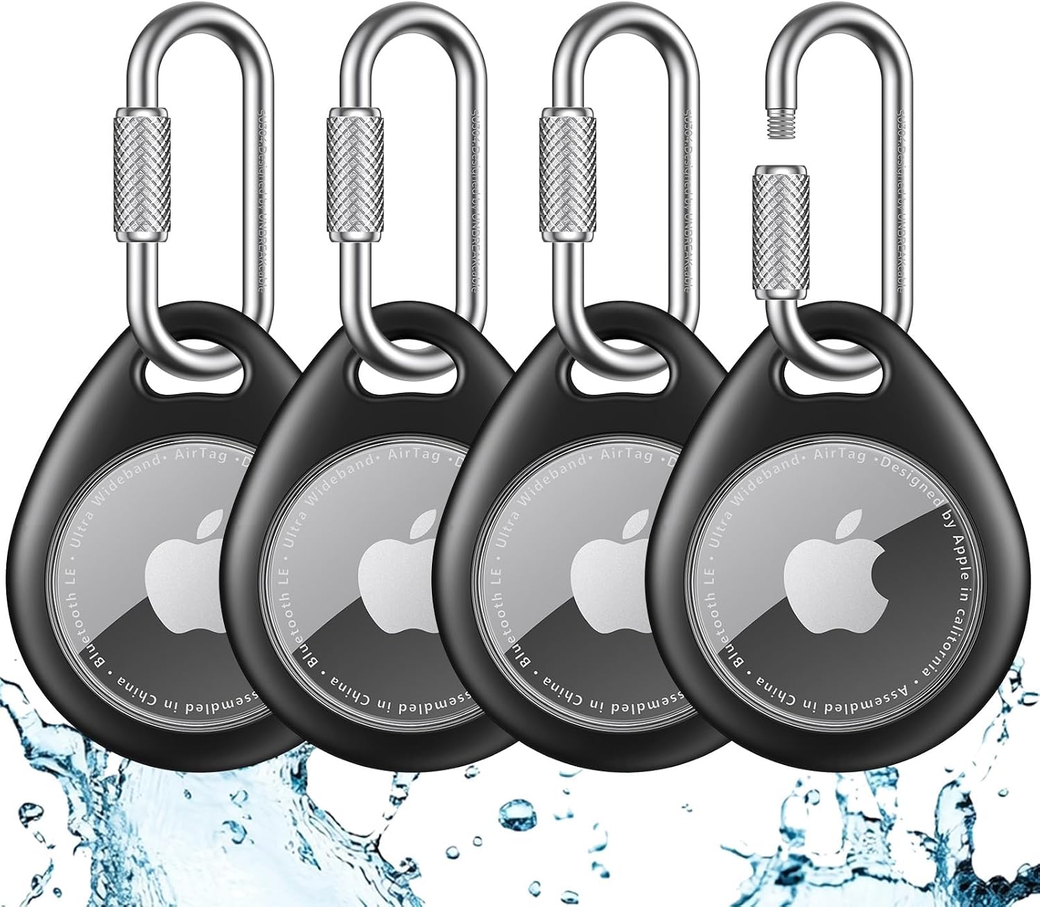 UNBREAKcable 4-Pack AirTag Holder with Locking Carabiner Waterproof TPU Case