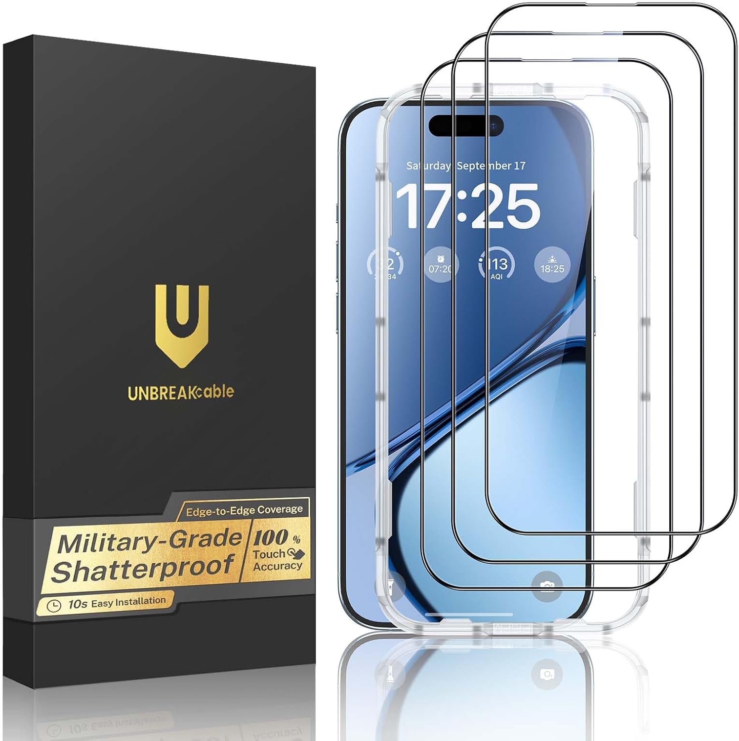 UNBREAKcable 3-Pack Screen Protector for iPhone 15 Tempered Glass 9H