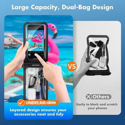 UNBREAKcable IPX8 Waterproof Phone Pouch 2-Pack, Double Space Dry Bag for iPhone 15 16 17 Pro Max up to 7"