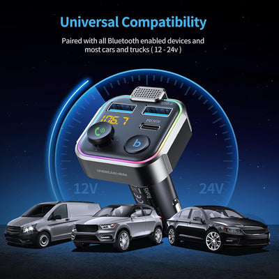 UNBREAKcable Bluetooth FM Transmitter for Car, PD 36W Fast Charging, Hands-Free Calls, HiFi Bass Boost, USB Drive