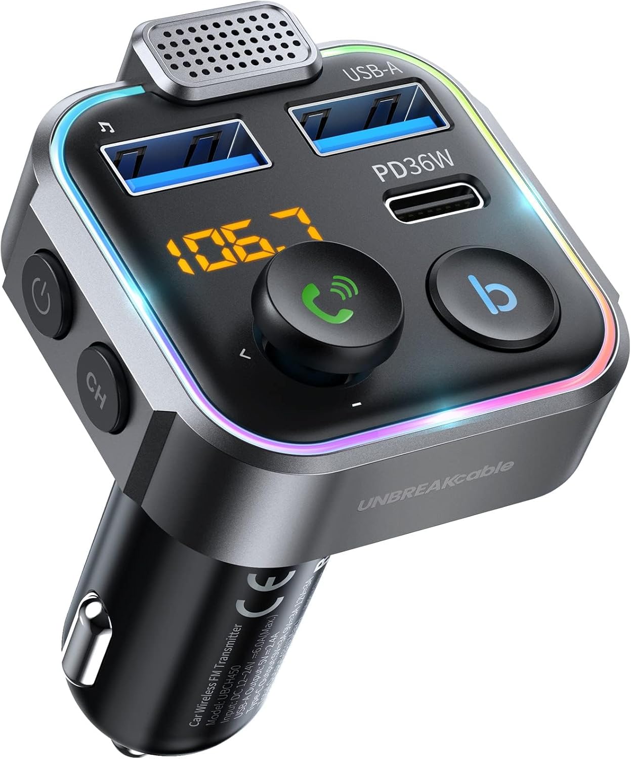 UNBREAKcable Bluetooth FM Transmitter for Car, PD 36W Fast Charging, Hands-Free Calls, HiFi Bass Boost, USB Drive