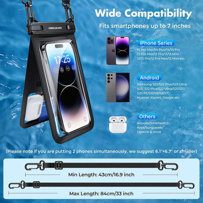 UNBREAKcable IPX8 Waterproof Phone Pouch 2-Pack, Double Space Dry Bag for iPhone 15 16 17 Pro Max up to 7"