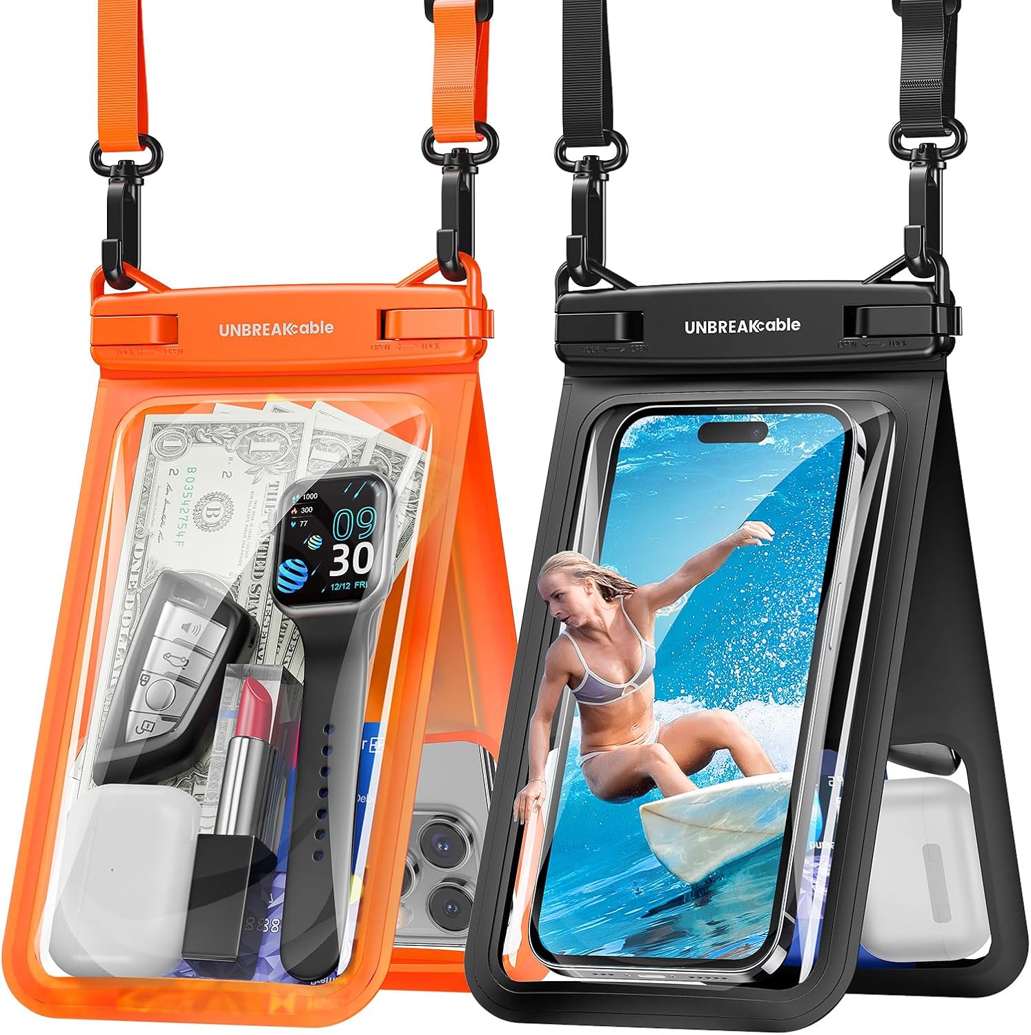 UNBREAKcable IPX8 Waterproof Phone Pouch 2-Pack, Double Space Dry Bag for iPhone 15 16 17 Pro Max up to 7"