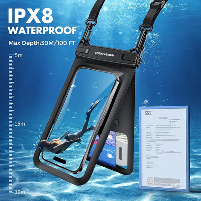 UNBREAKcable IPX8 Waterproof Phone Pouch 2-Pack, Double Space Dry Bag for iPhone 15 16 17 Pro Max up to 7"