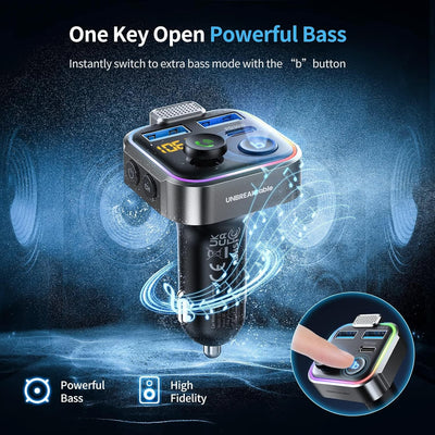 UNBREAKcable Bluetooth FM Transmitter for Car, PD 36W Fast Charging, Hands-Free Calls, HiFi Bass Boost, USB Drive