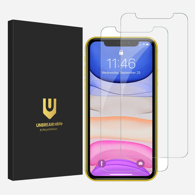 a phone with 2 pack of screen protectors and its package