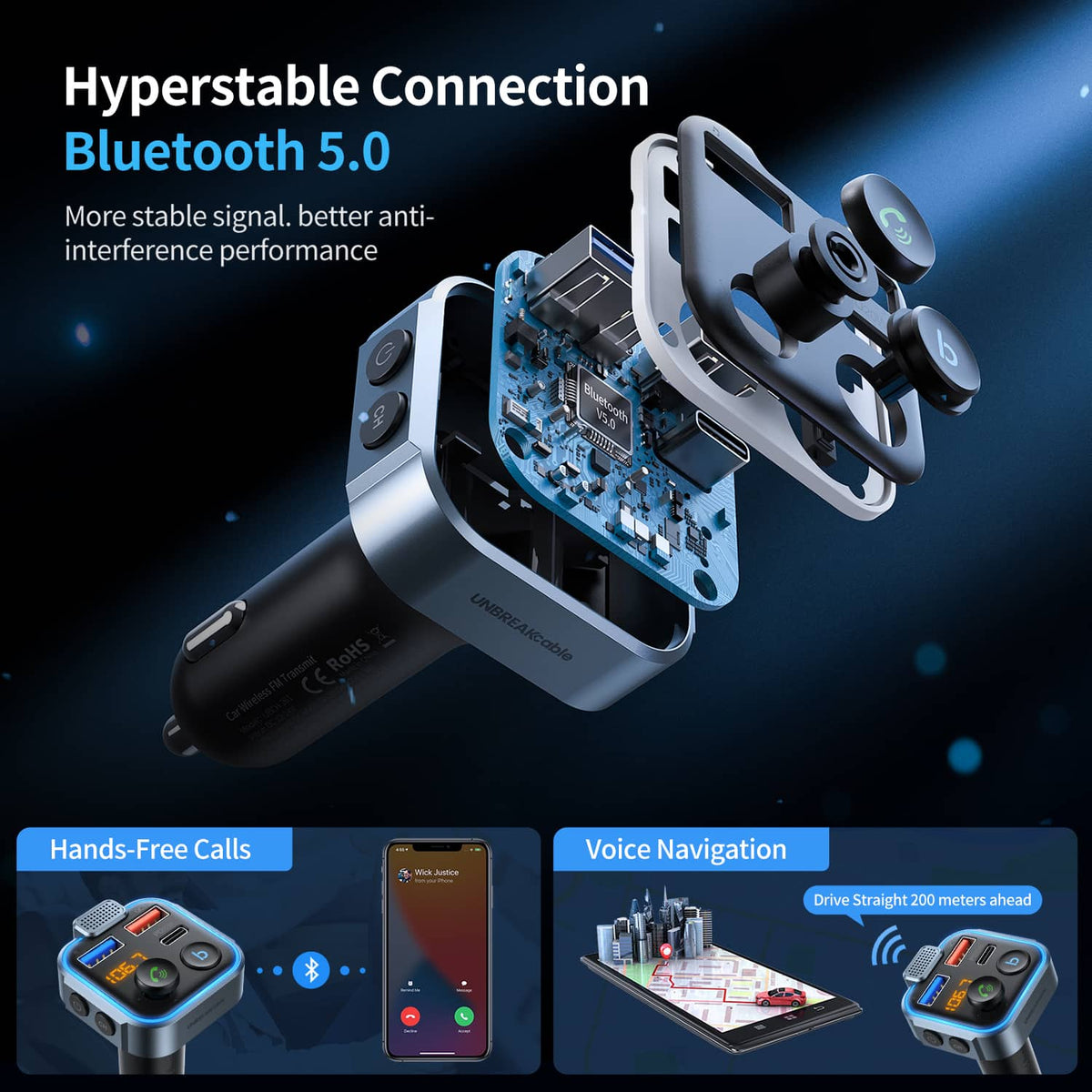 Bluetooth 5.1 FM Transmitter for Car With 38W Fast Charging
