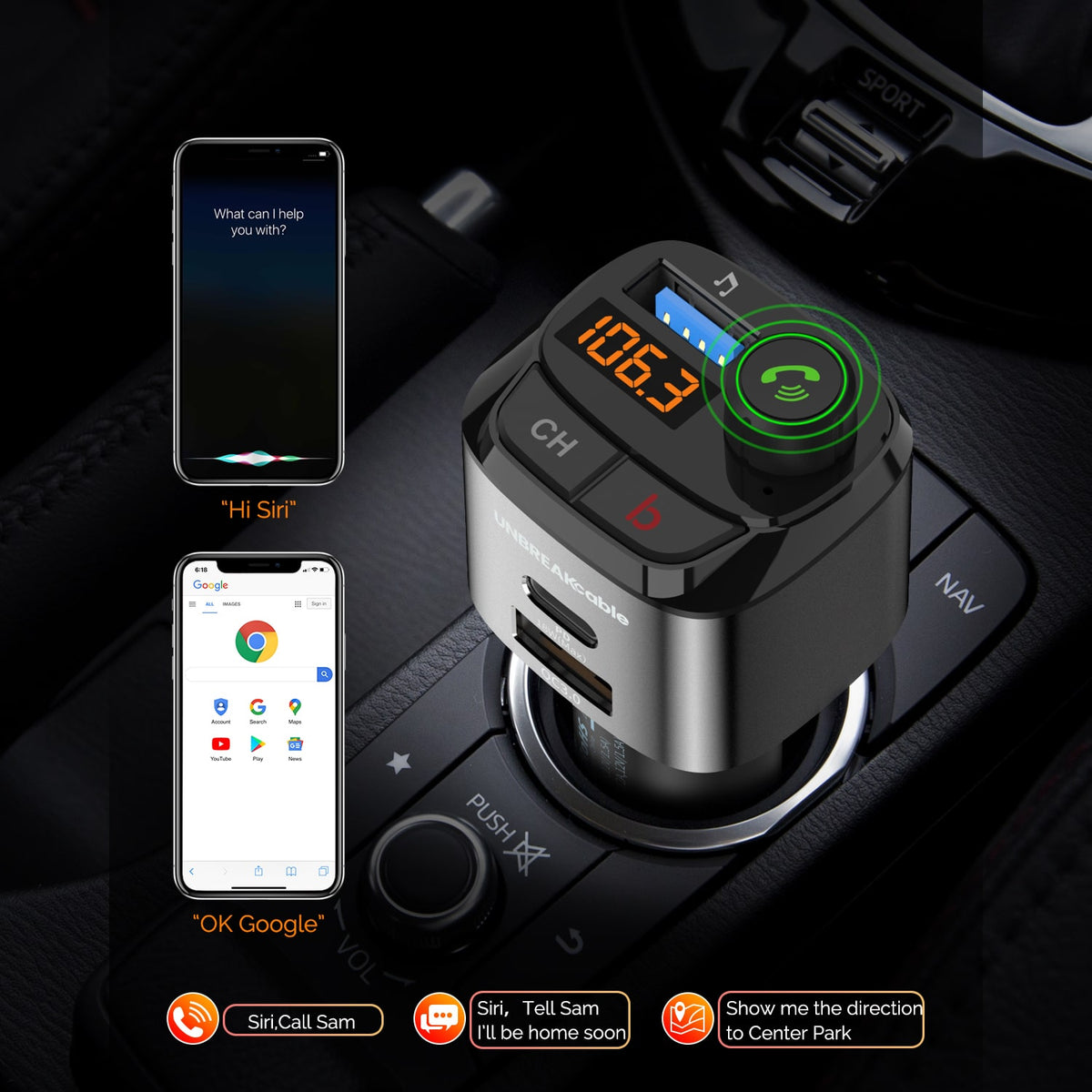 Bluetooth FM Transmitter for Car USB Fast Car Charger